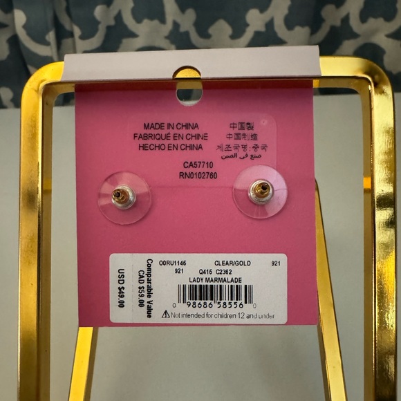 NWT Kate Spade Lady Marmalade Studs - Clear/Gold with Dust Bag - Picture 2 of 3